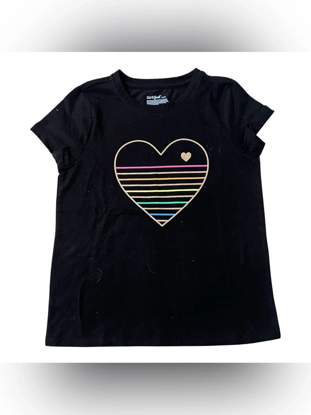 Cat & Jack Black Short Sleeve Tee with Gold Heart and Rainbow Stripes